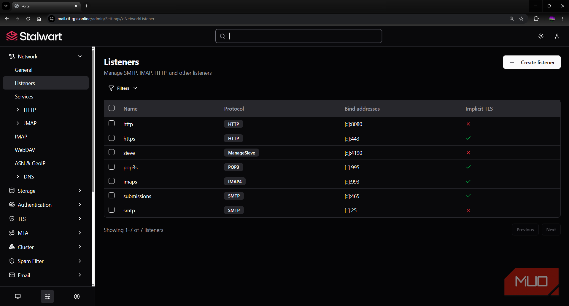 Stalwart mail server network settings configure listeners and ports