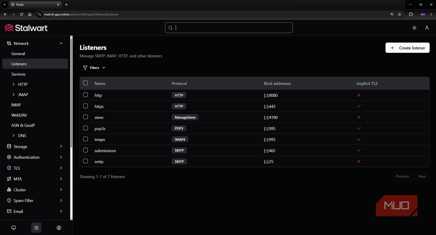 Stalwart mail server network settings configure listeners and ports