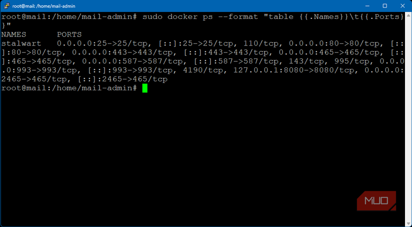 Stalwart docker ps listing listening ports for mail server