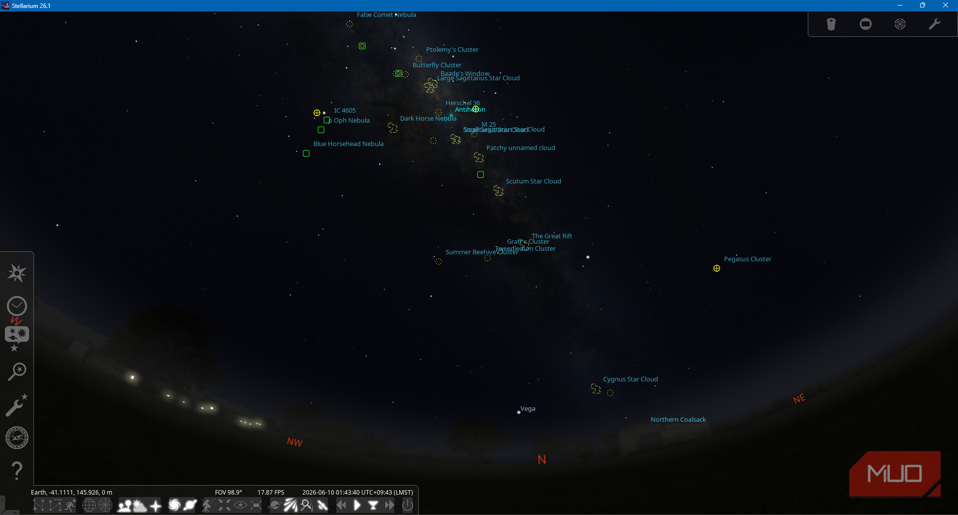 Stellarium App showing star positions with atmosphere conditions layer enabled