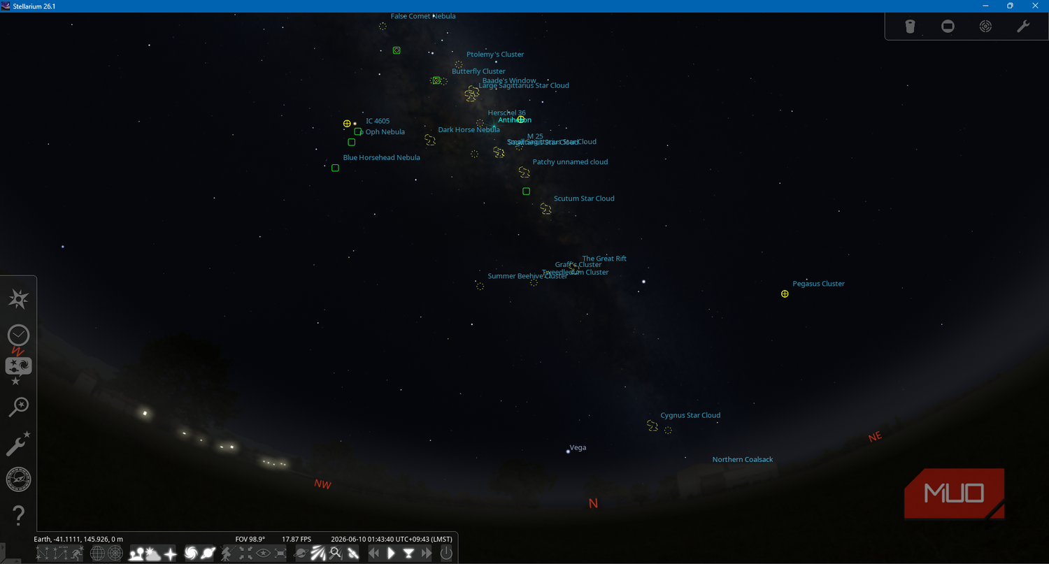 Stellarium App showing star positions with atmosphere conditions layer enabled