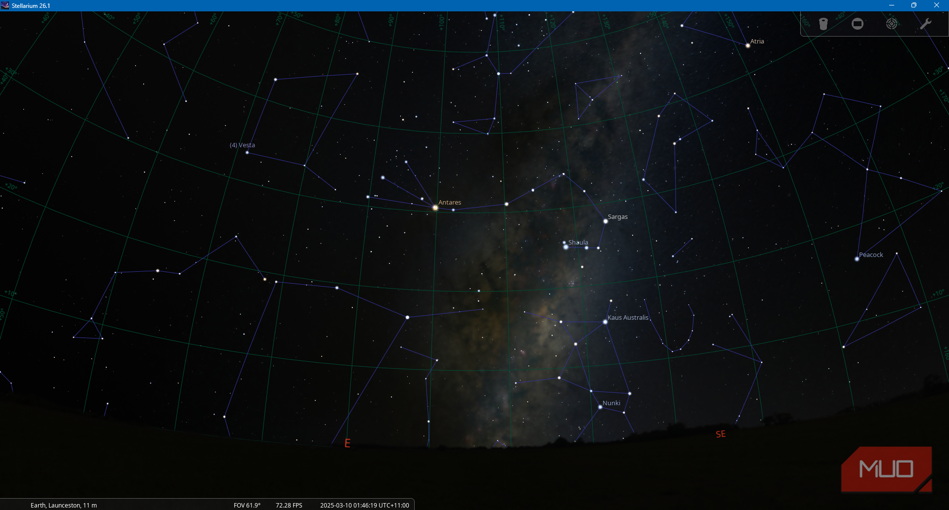 Stellarium App showing dark sky conditions with constellations and Milky Way core