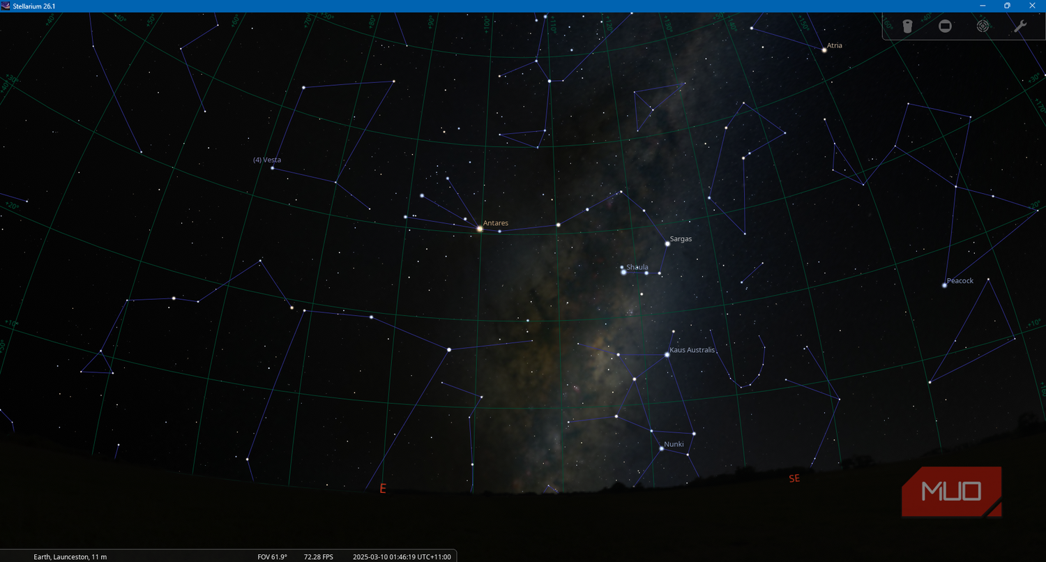 Stellarium App showing dark sky conditions with constellations and Milky Way core