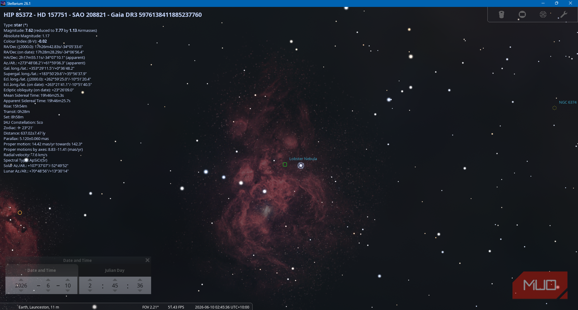 Stellarium App showing showing a deep space object with information