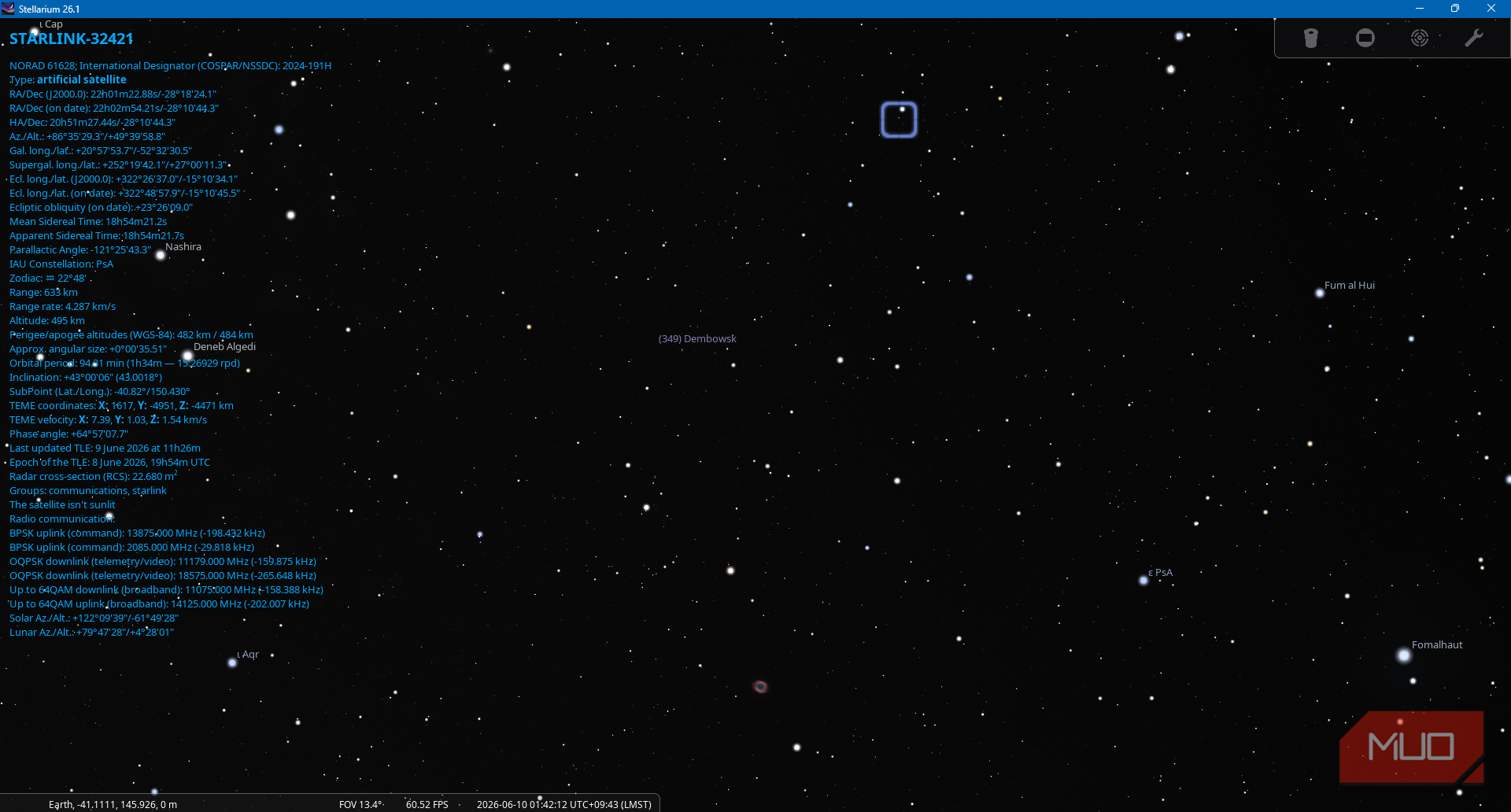 Stellarium App showing a Starlink satellite with information