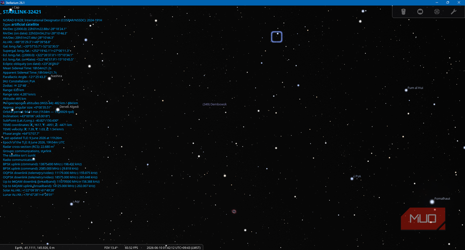 Stellarium App showing a Starlink satellite with information