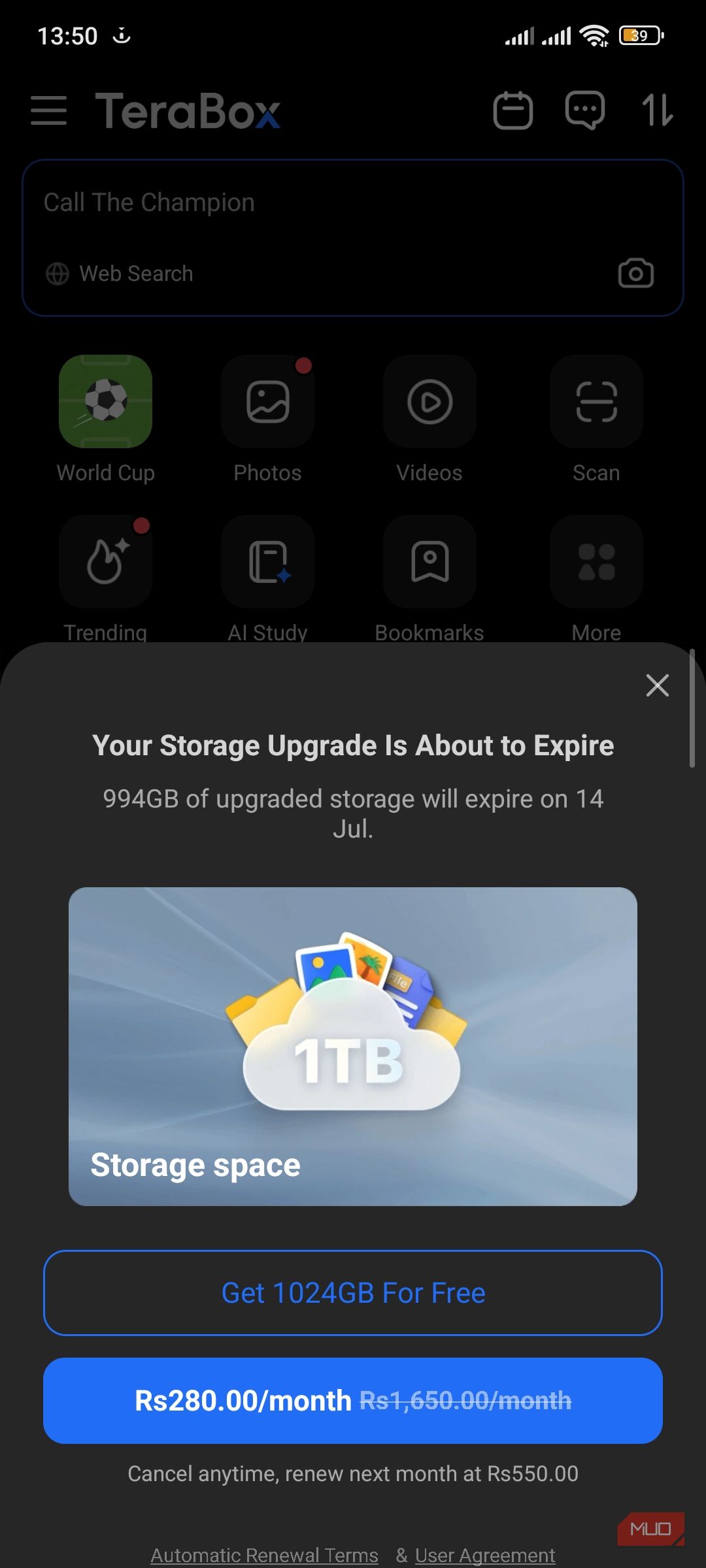 Storage upgrade about to expire pop-up in Terabox.