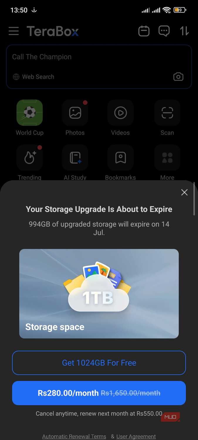 Storage upgrade about to expire pop-up in Terabox.