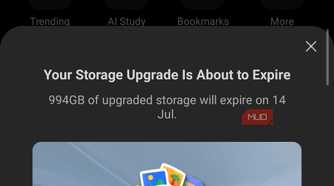 Storage upgrade about to expire pop-up in Terabox.