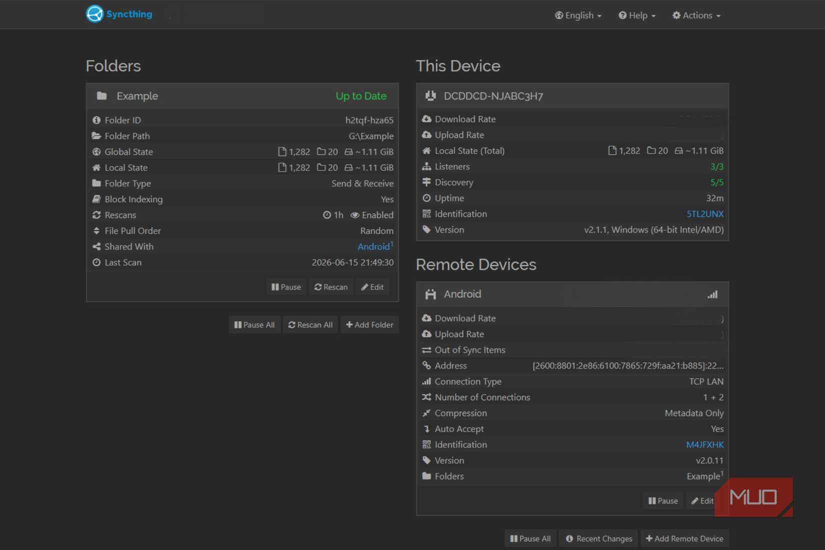 Syncthing with pieces removed showing a device connected.