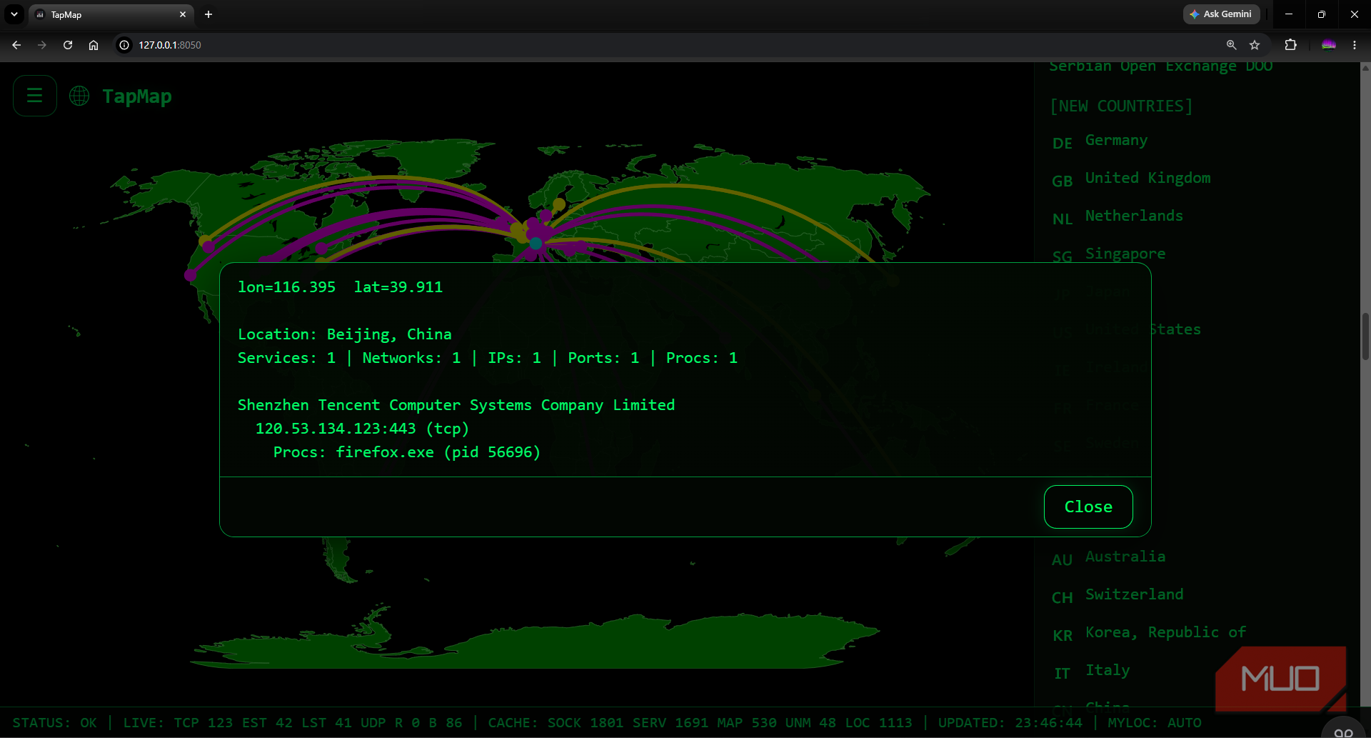 TapMap showing investigated connection to China IP address