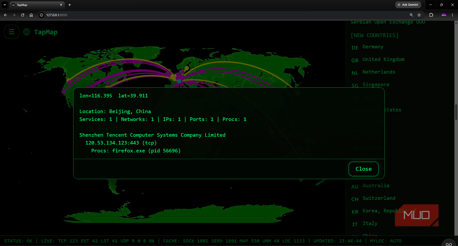 TapMap showing investigated connection to China IP address