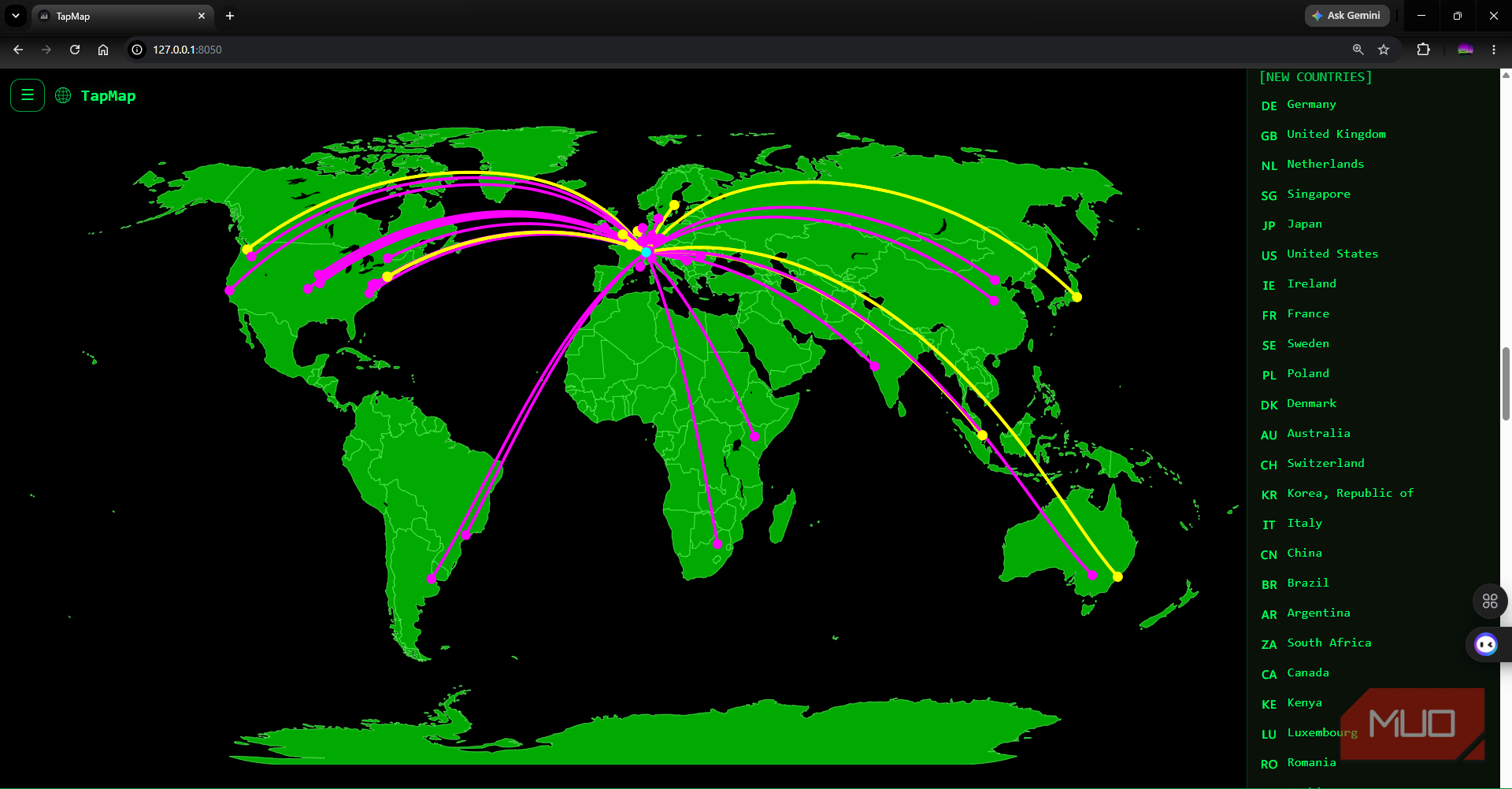 TapMap running for over 4 hours showing multiple mapped points across multiple countries
