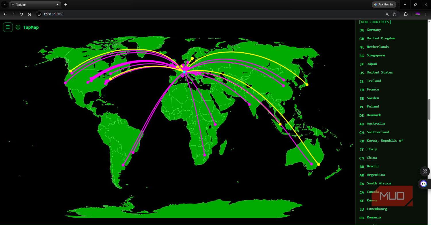 TapMap running for over 4 hours showing multiple mapped points across multiple countries