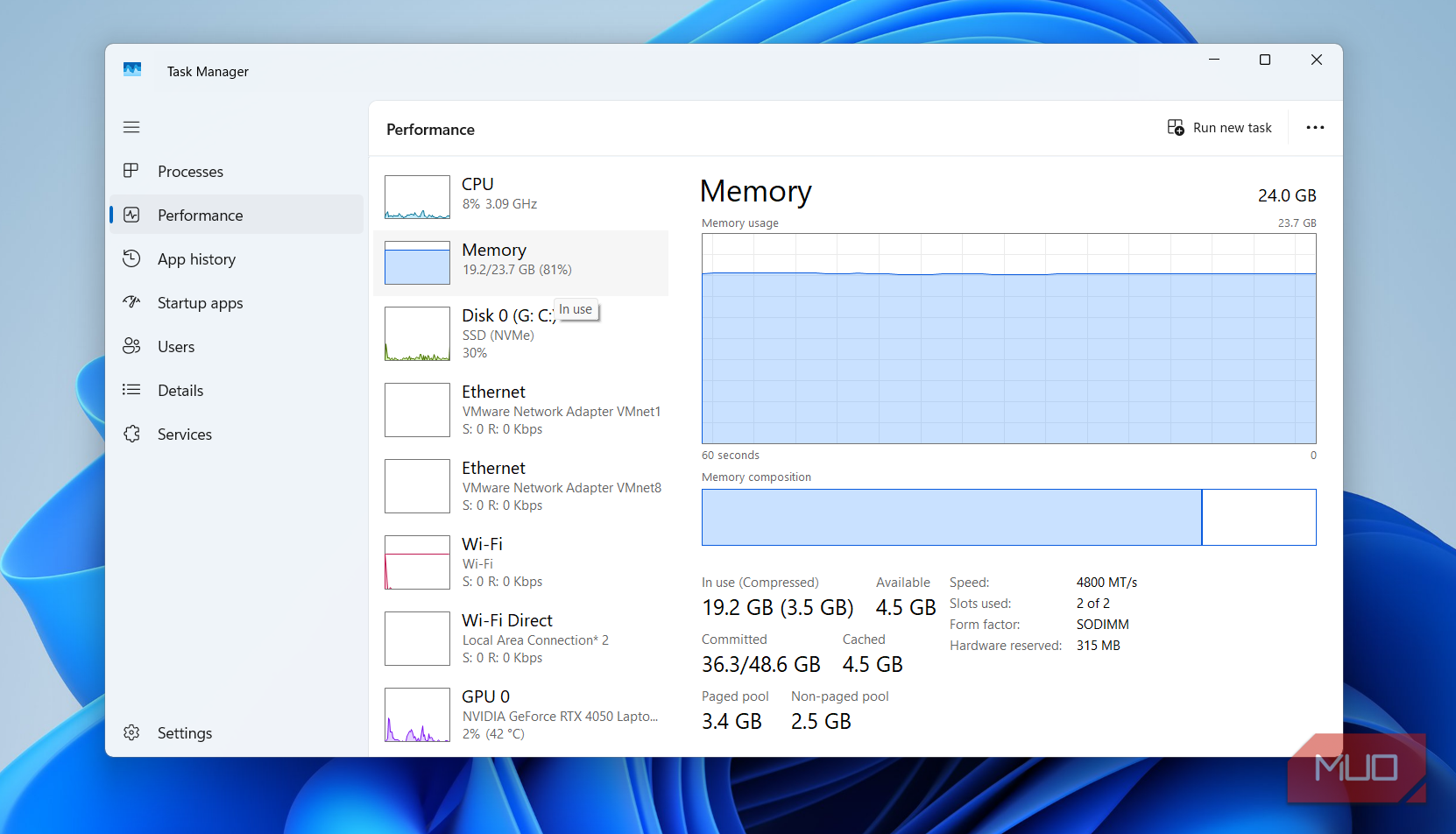 Task Manager showing memory usage on PC