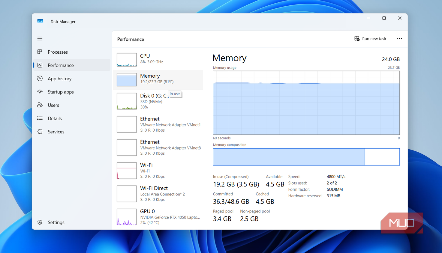 Task Manager showing memory usage on PC