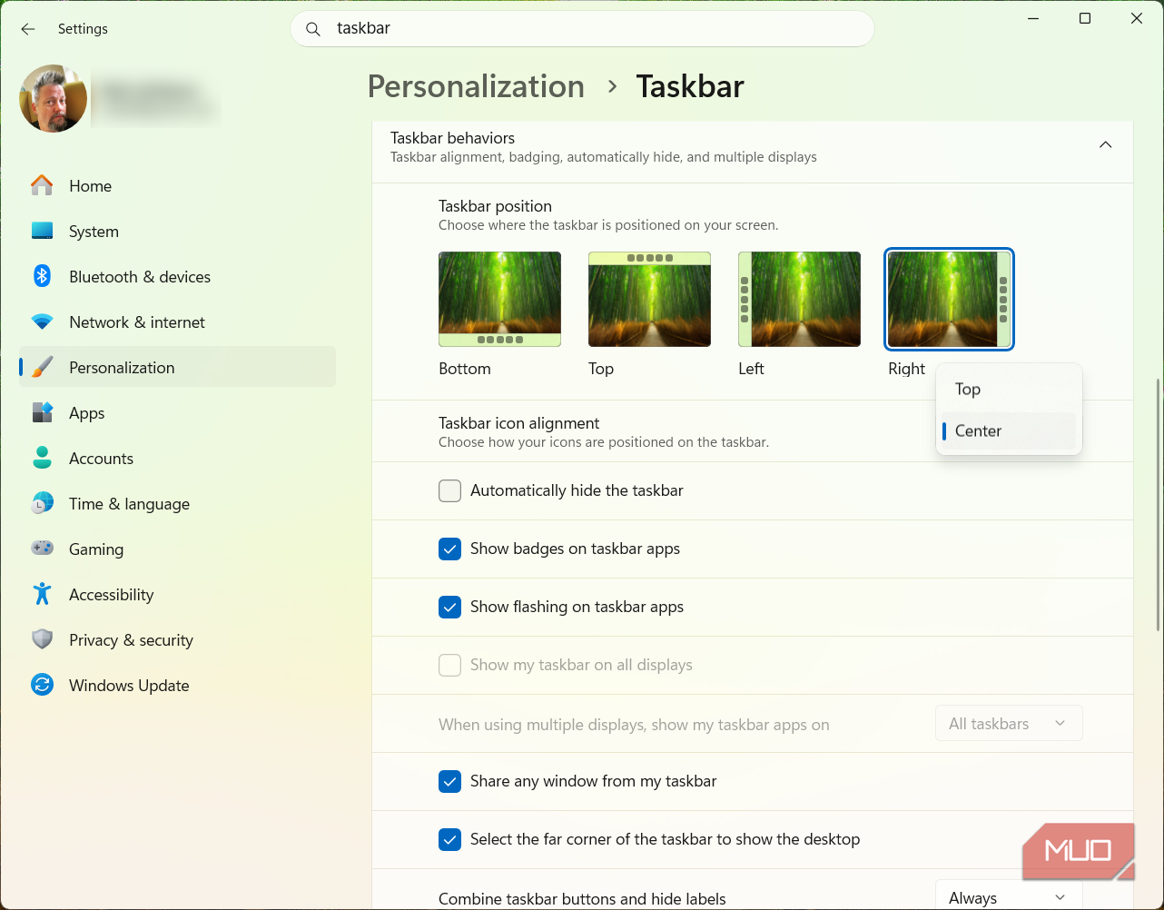 Taskbar alignment options