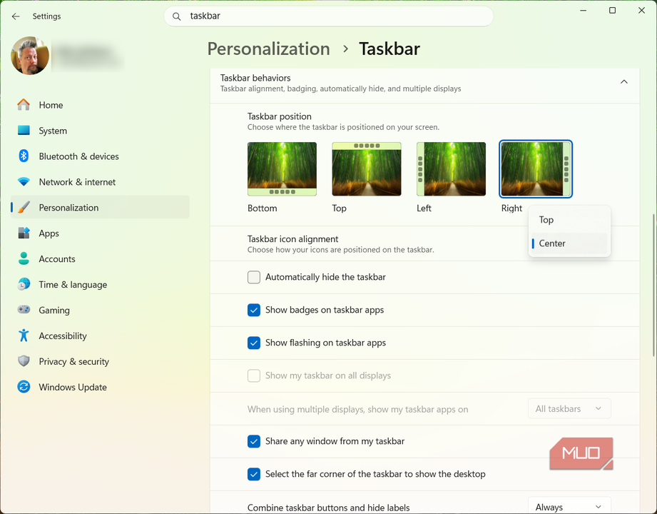 Taskbar alignment options