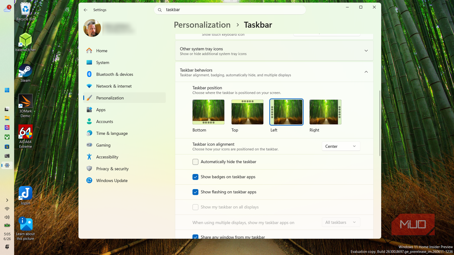 Taskbar on left side of Win PC