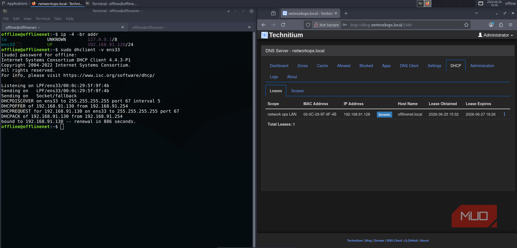 Technitium DHCP and DNS server with successful IP lease and lease page on web UI