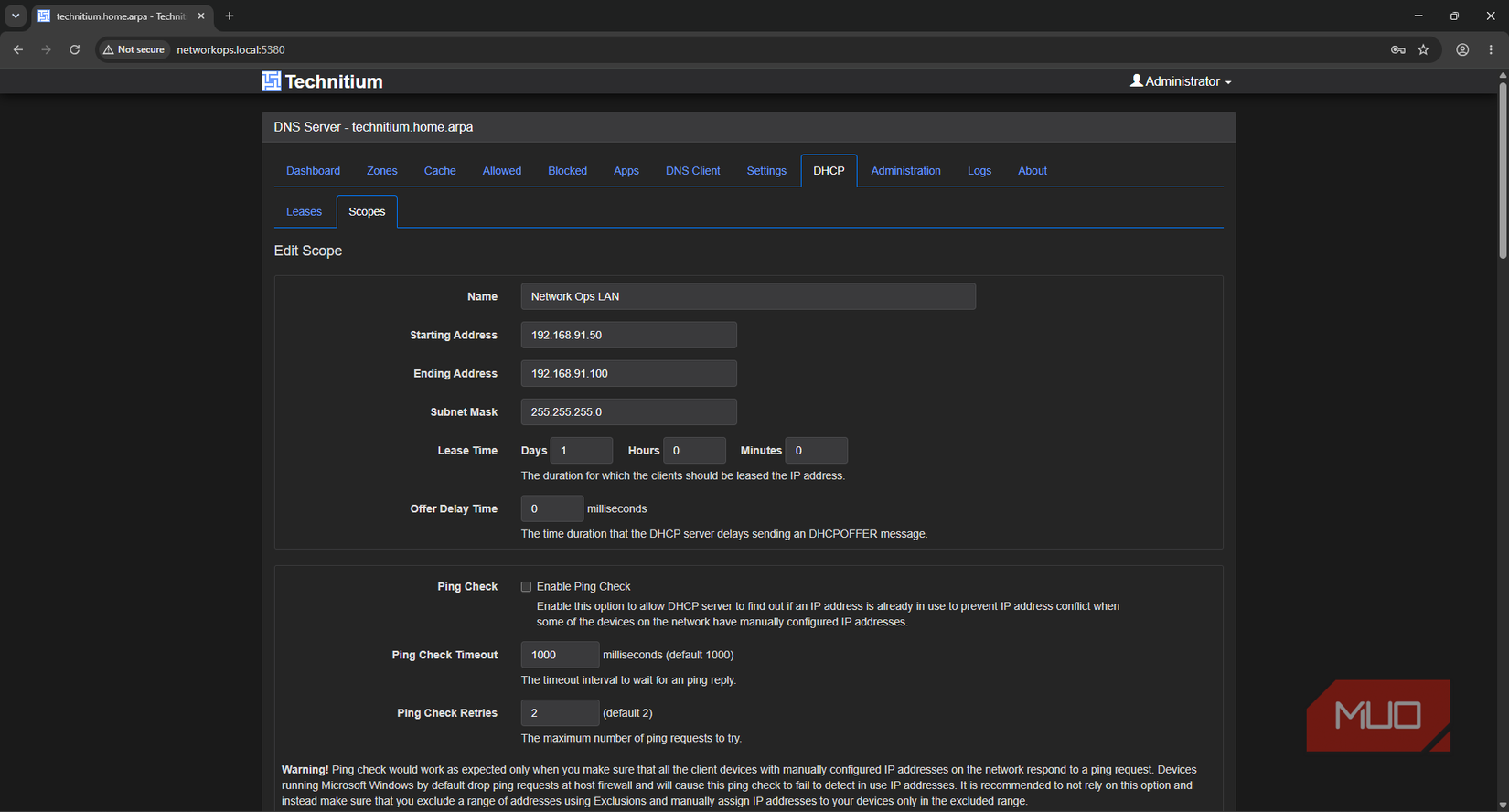 Technitium DHCP and DNS server lease and scope edit page