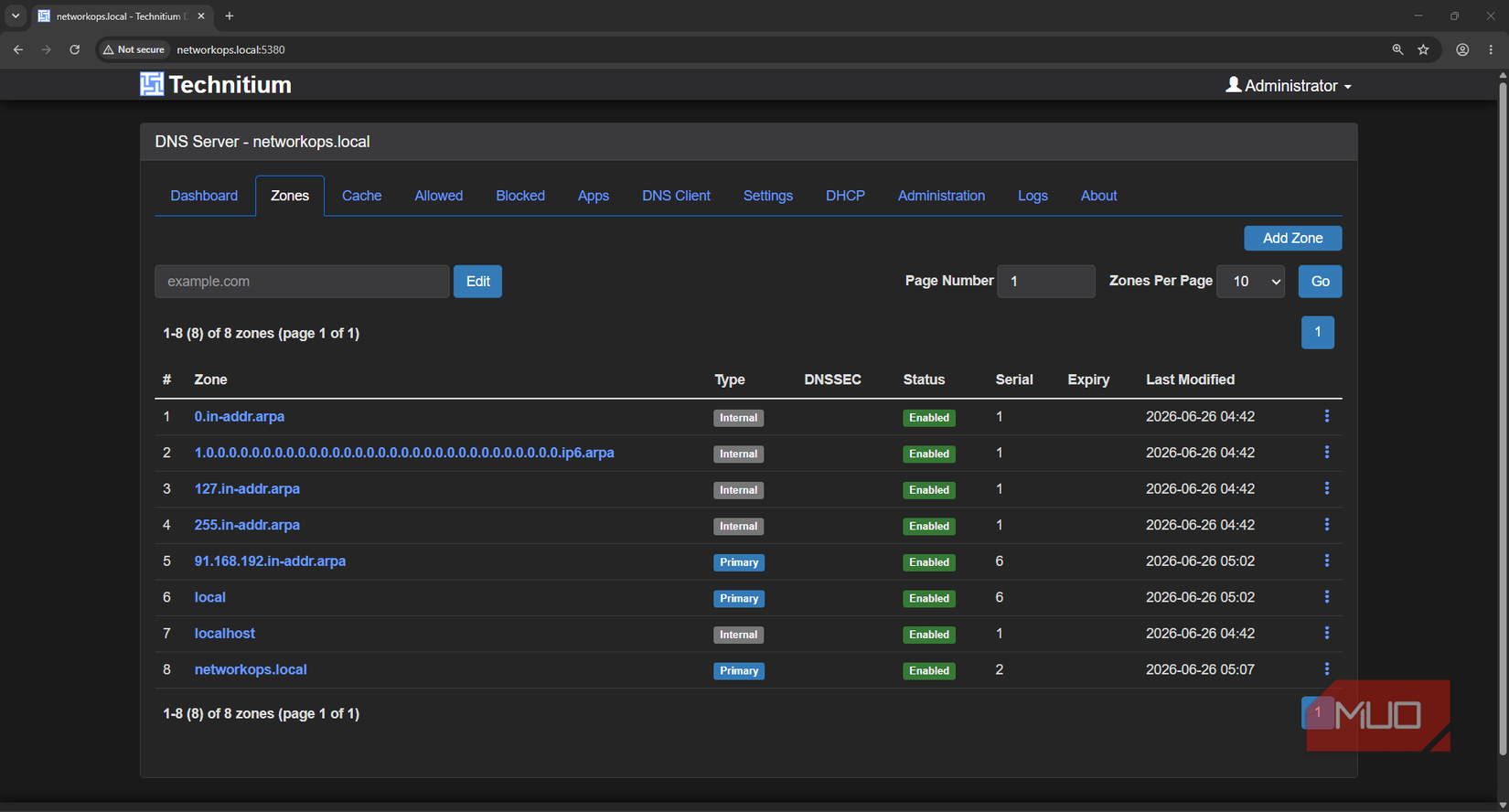 Technitium DHCP and DNS server DNS zone list and editor