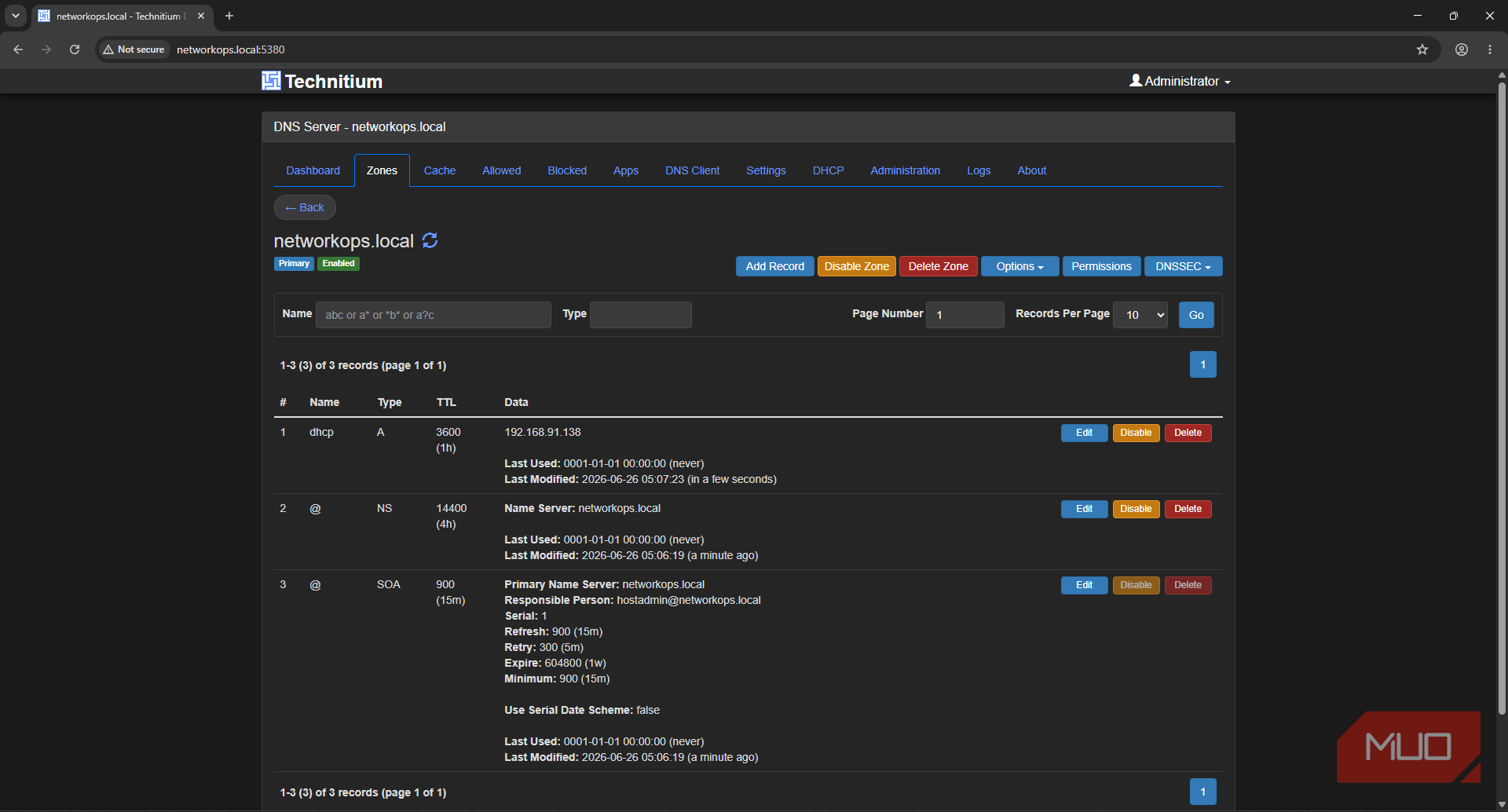 Technitium DHCP and DNS server editing with primary DNS zones