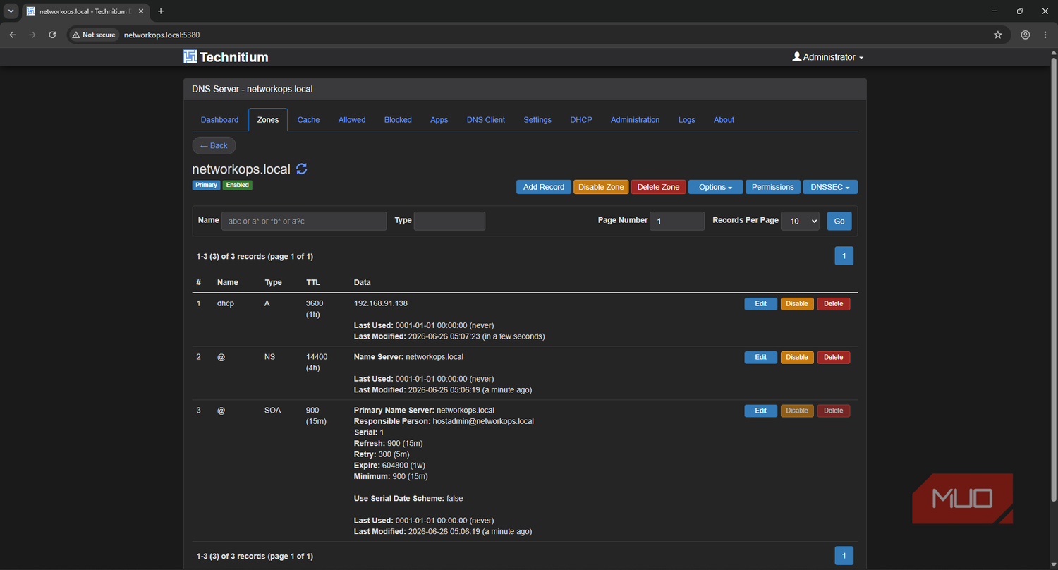 Technitium DHCP and DNS server editing with primary DNS zones