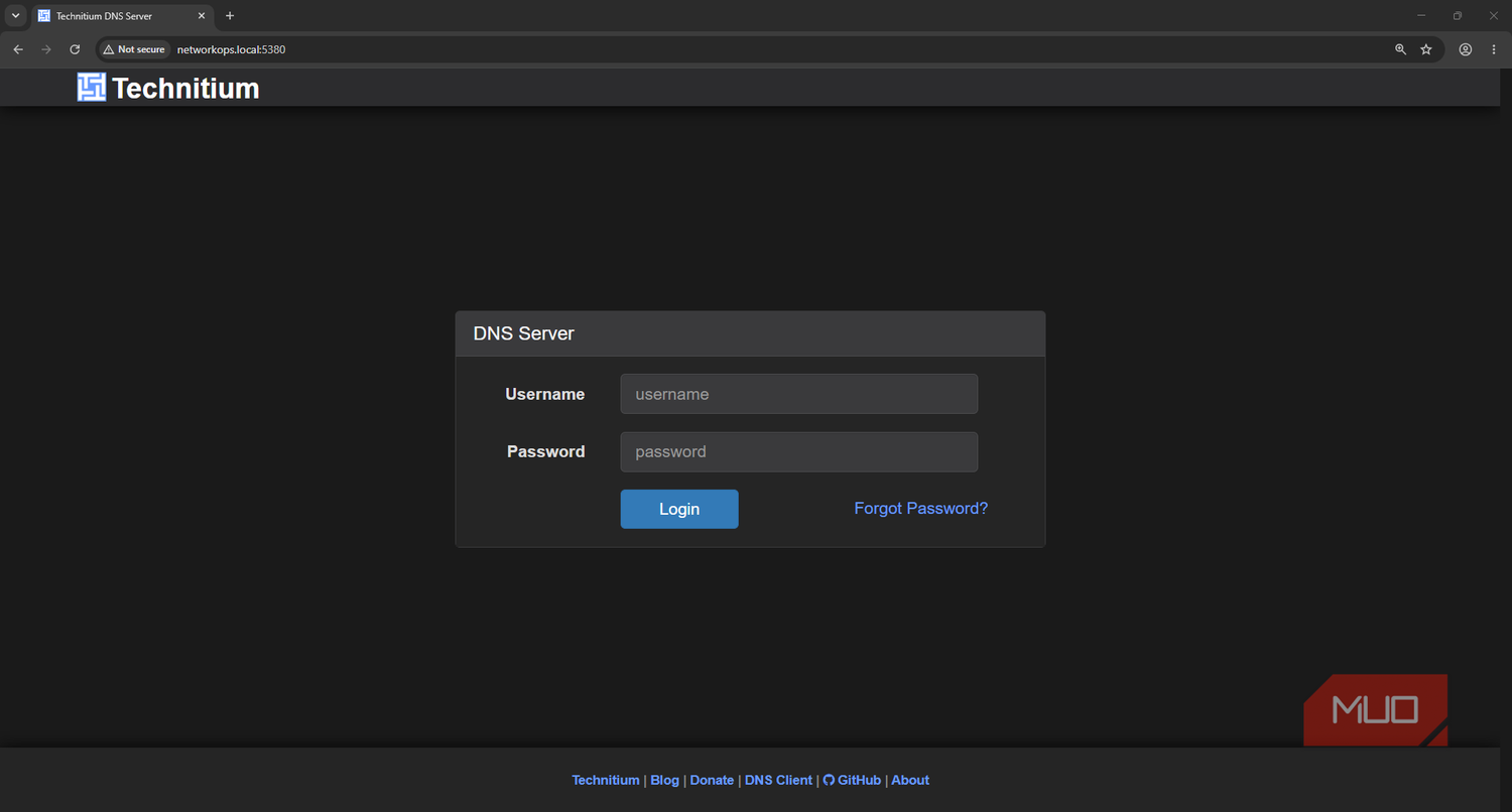 Technitium DHCP and DNS server first run login screen