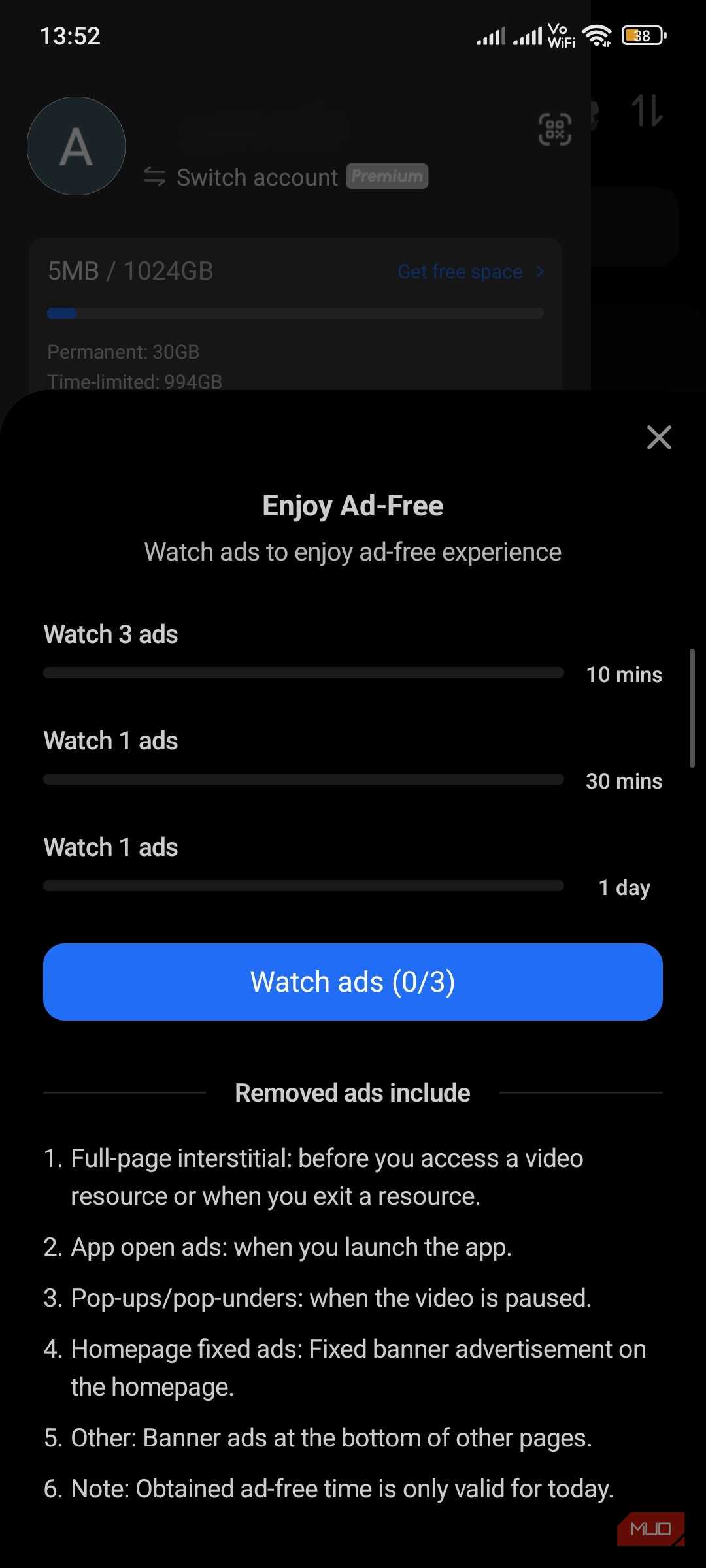 Terabox pop-up to watch three ads.