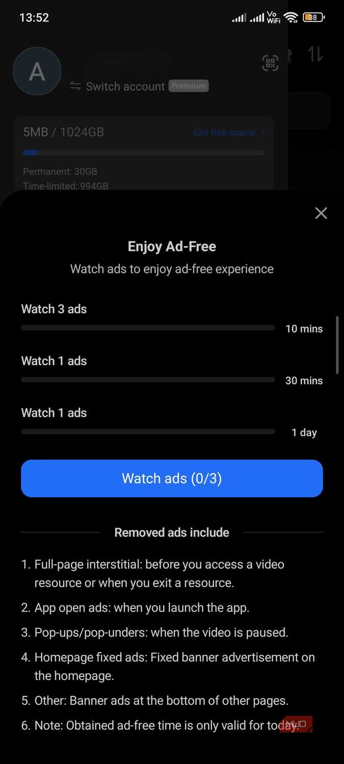 Terabox pop-up to watch three ads.