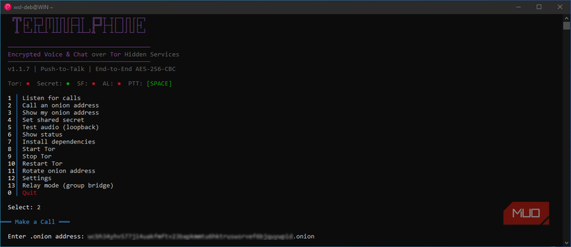TerminalPhone dialing .onion address
