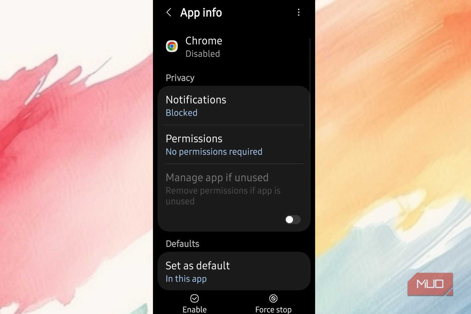 The Chrome app is diabled on a phone