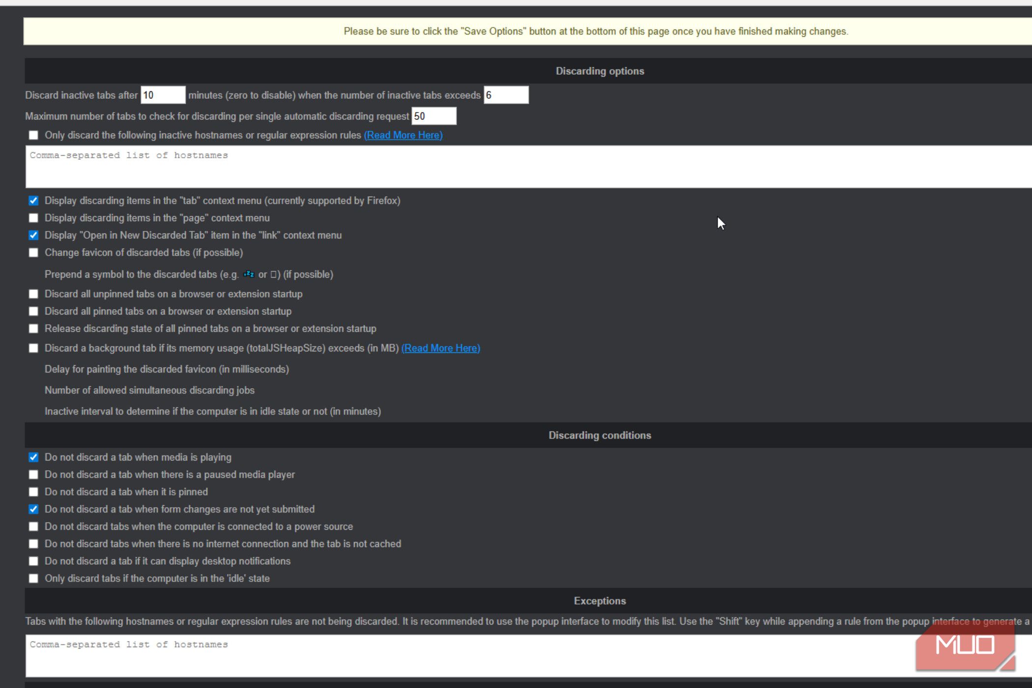 The full page for auto tab discard