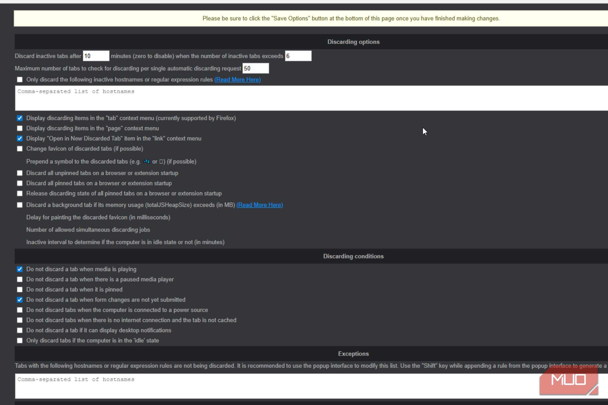 The full page for auto tab discard