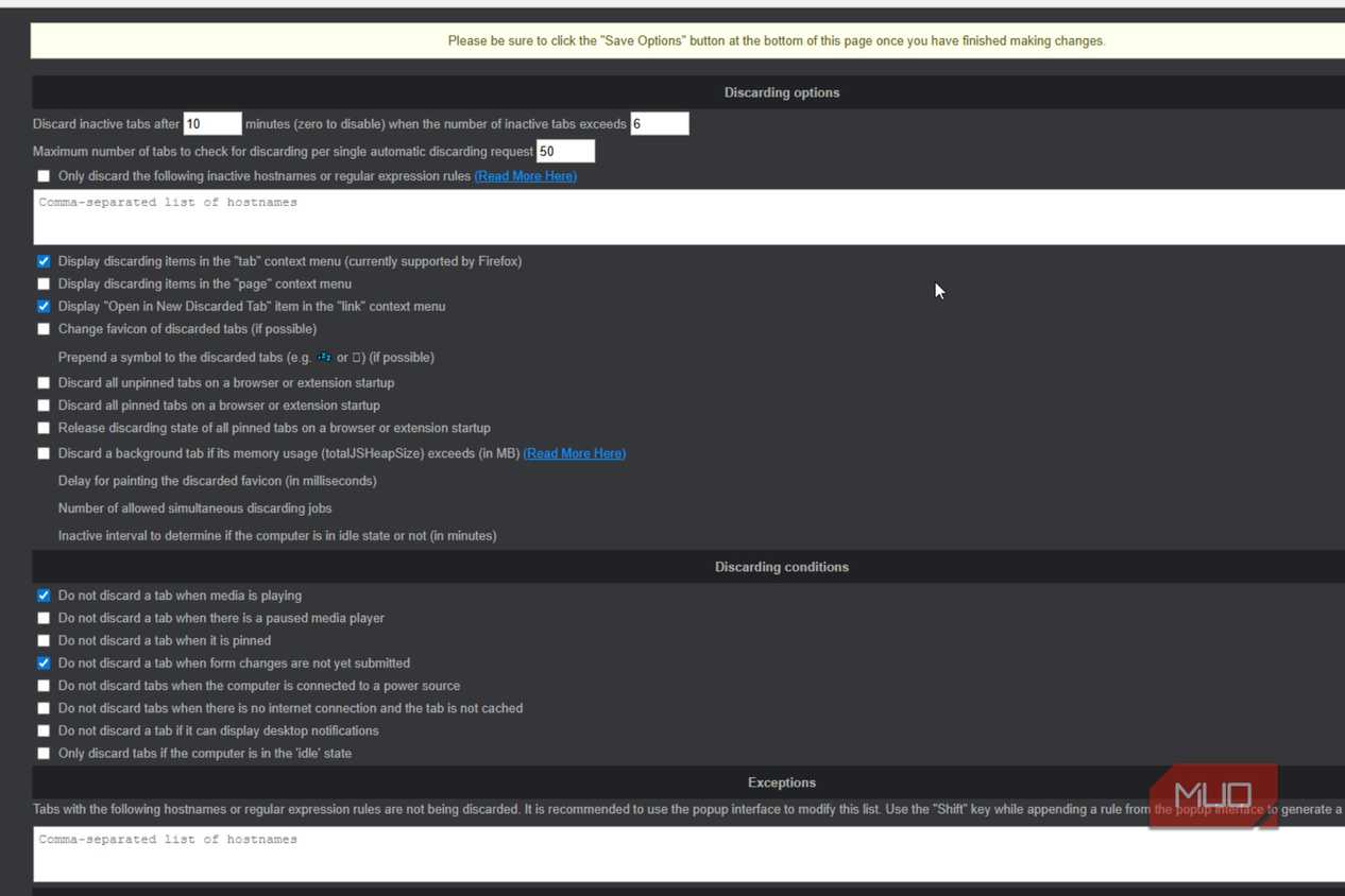The full page for auto tab discard