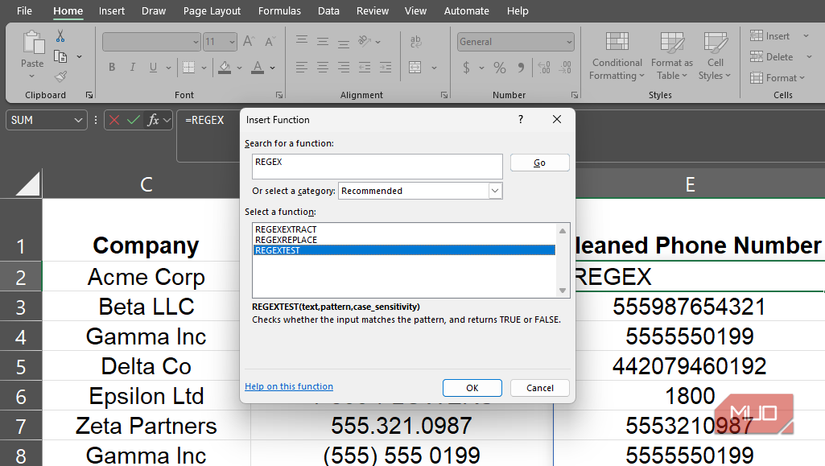 The Insert function dialog box in Excel displaying all the regex functions.
