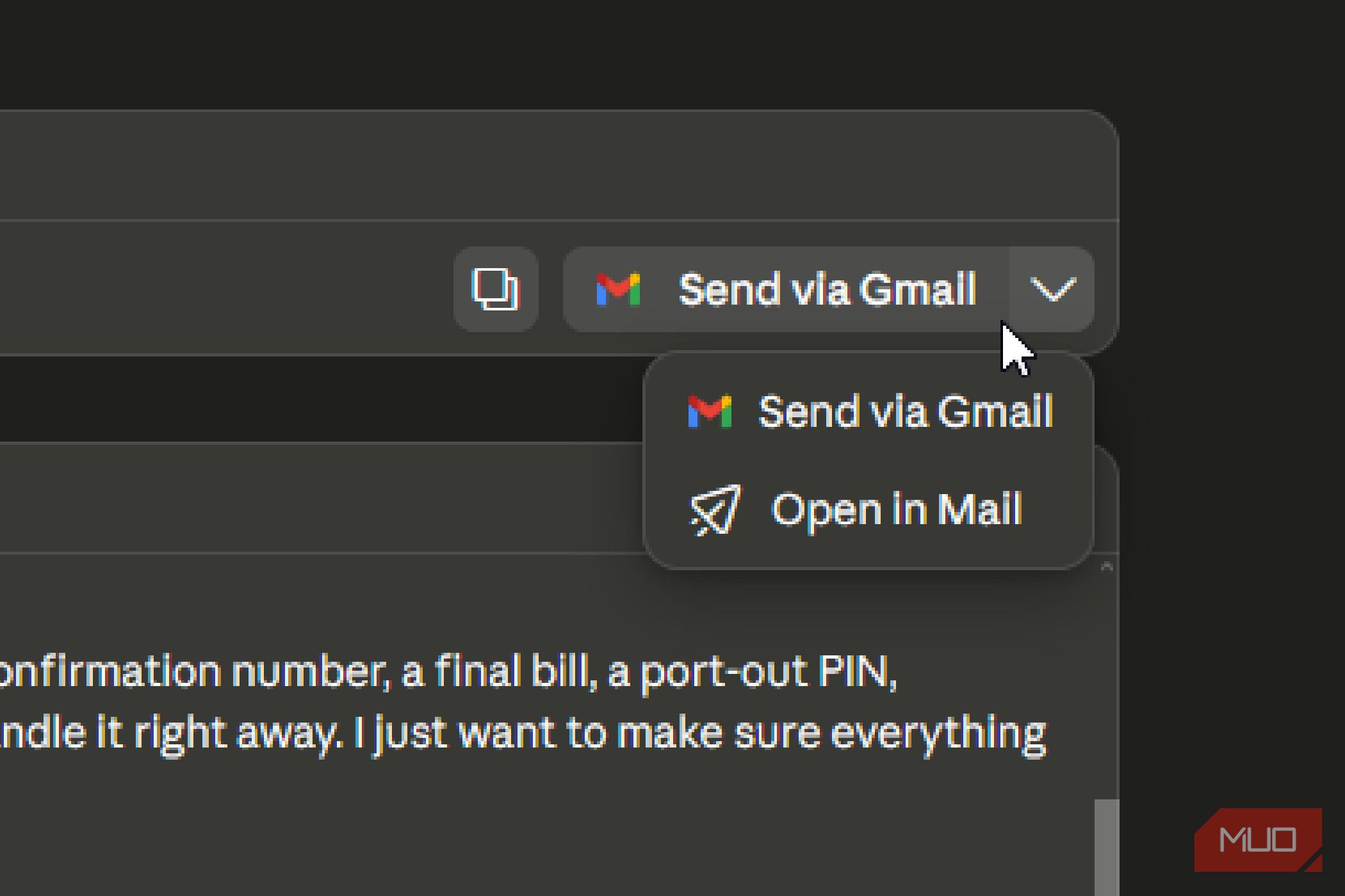 The options of where to send an email from Claude