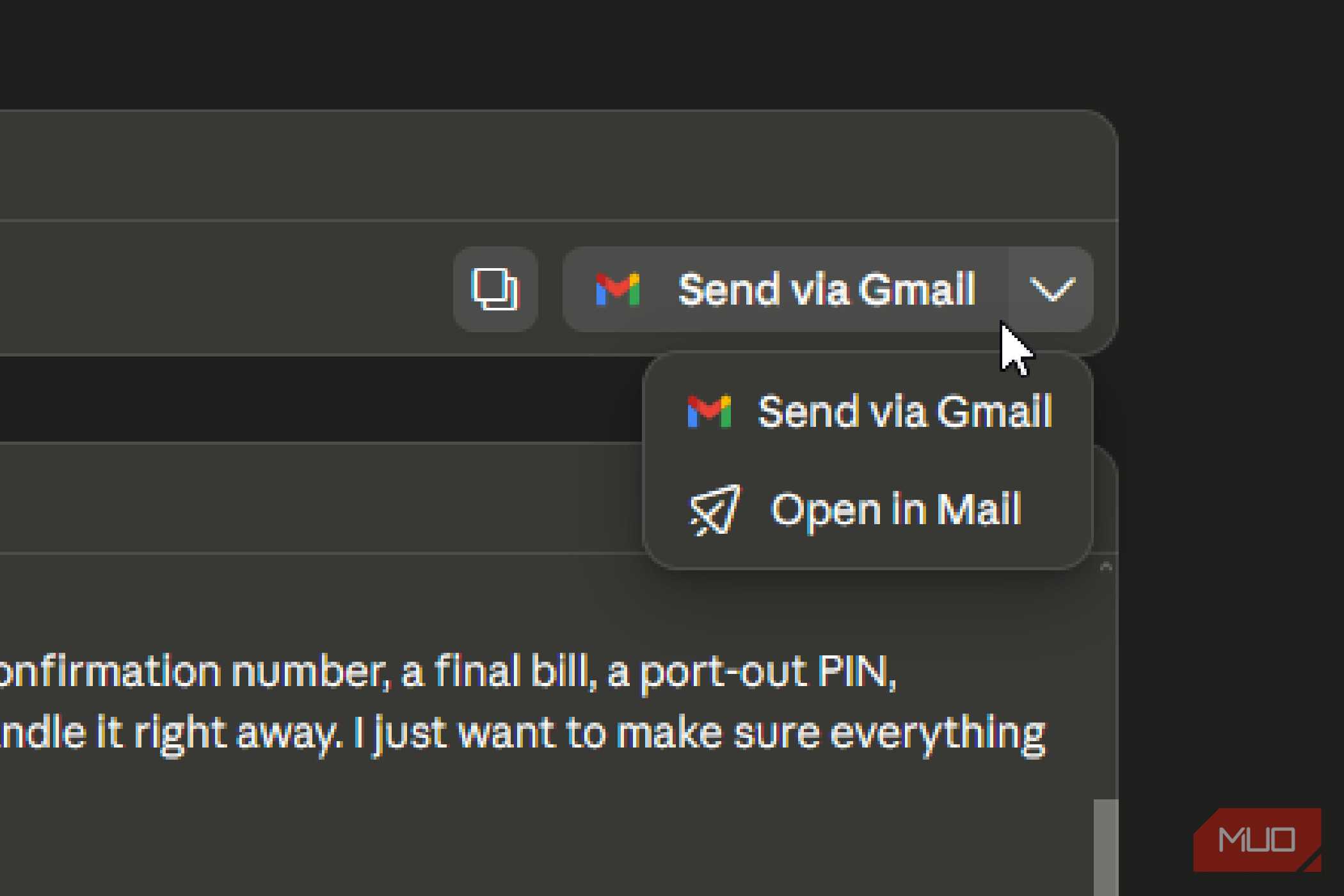 The options of where to send an email from Claude