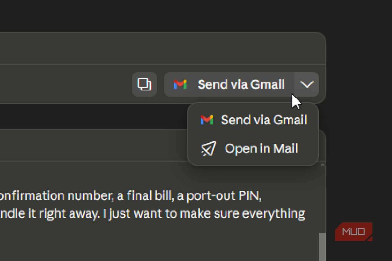The options of where to send an email from Claude