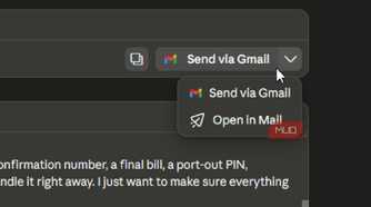 The options of where to send an email from Claude