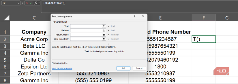 The REGEXEXTRACT arguments in the Insert function dialog box in Excel.