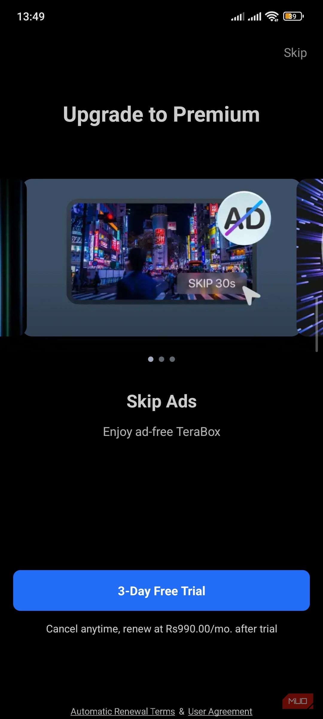 Three day free trial pop-up in Terabox.