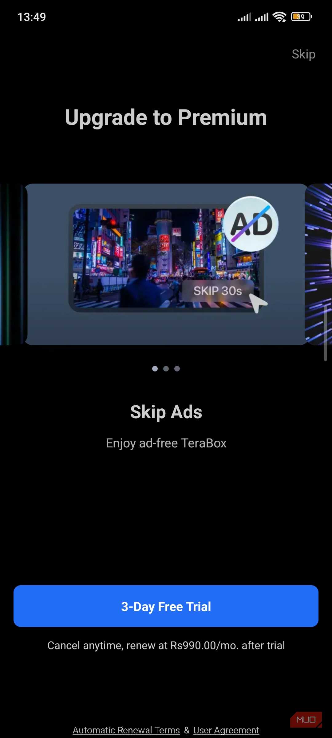Three day free trial pop-up in Terabox.