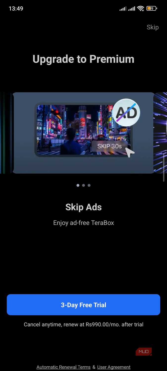 Three day free trial pop-up in Terabox.