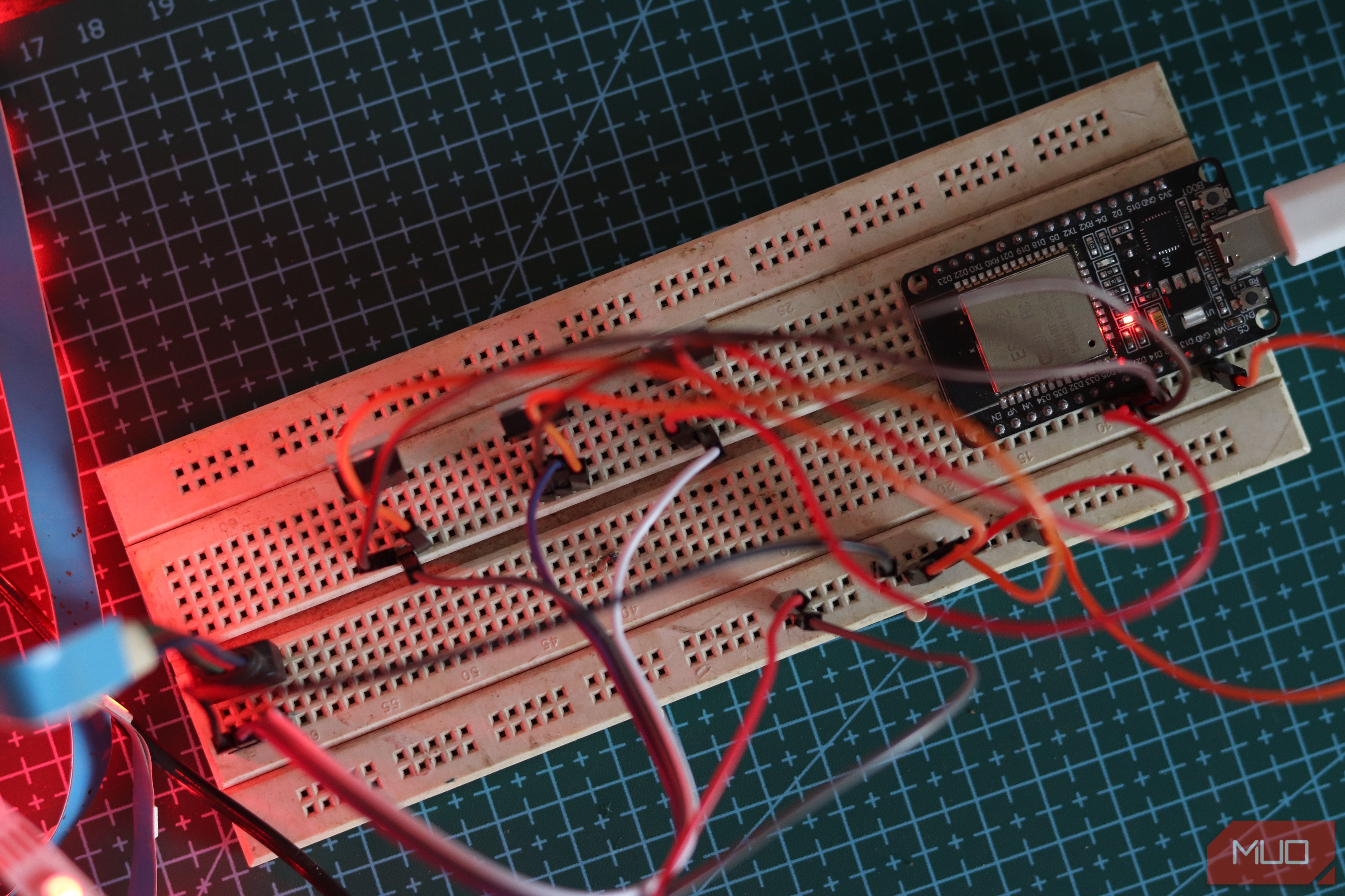 Top view of breadboard with RGB strip control circuit.