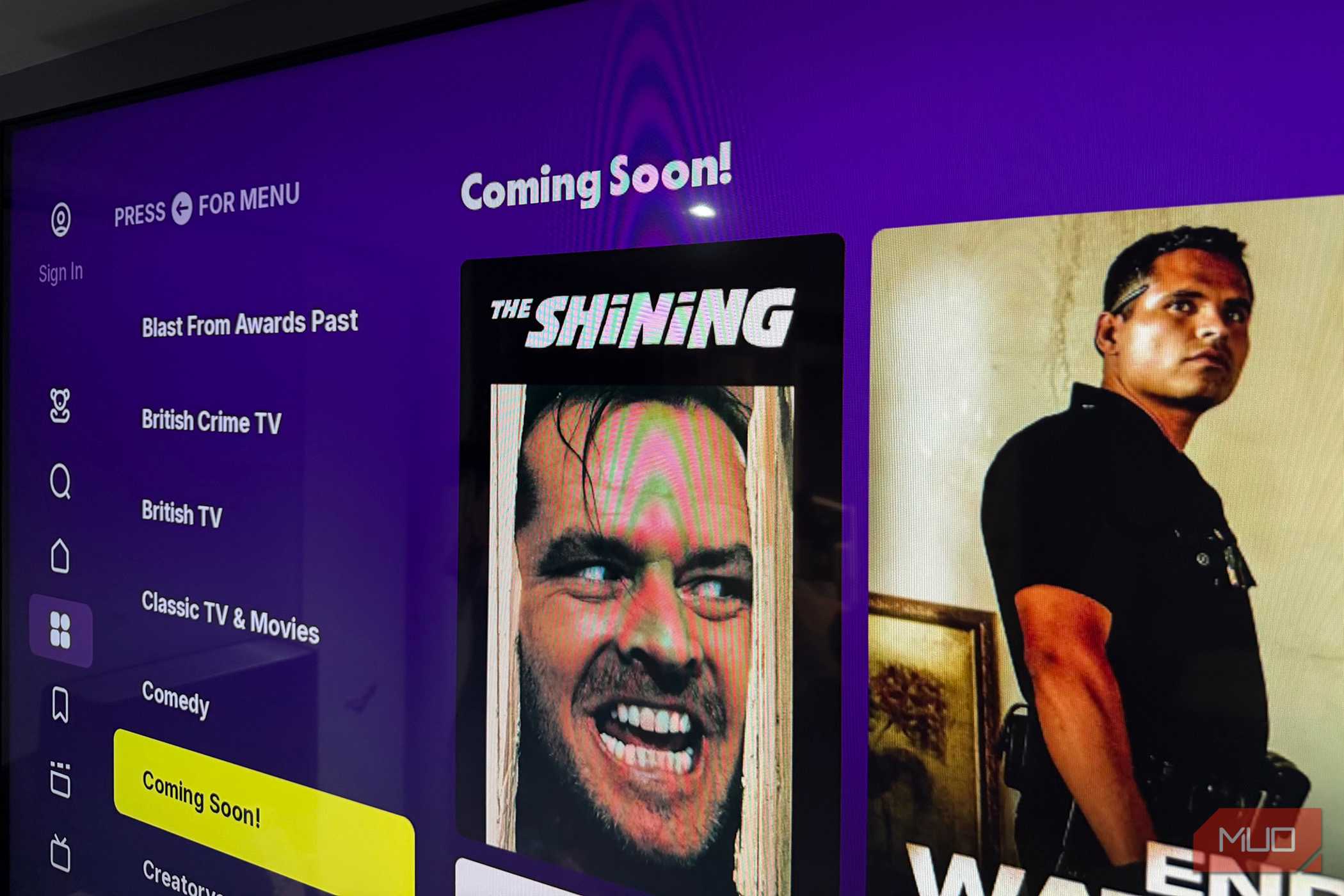 A side view of a TV with the Tubi app showing titles coming soon.