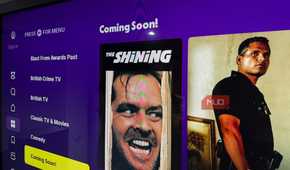 A side view of a TV with the Tubi app showing titles coming soon.