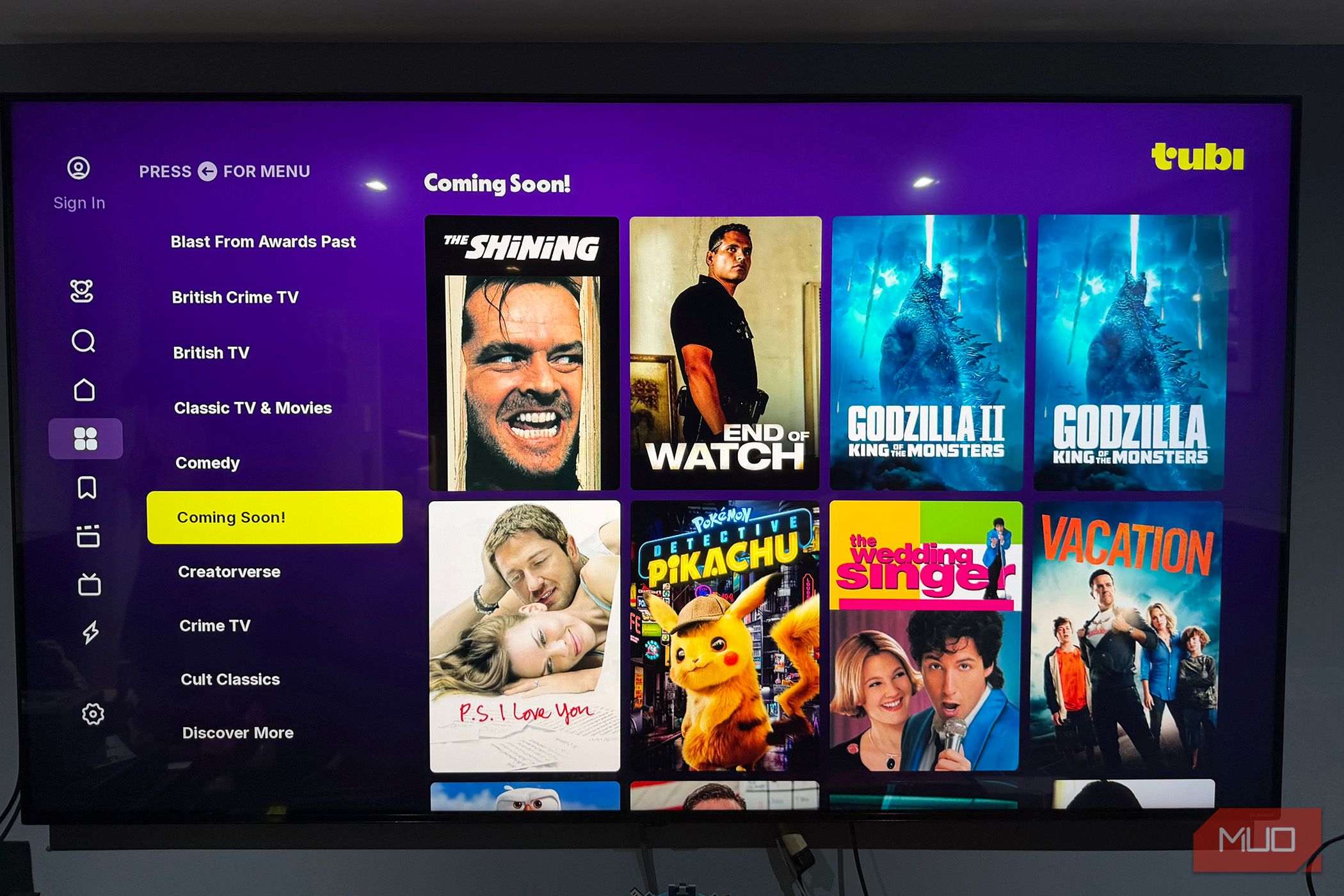 A TV showing the Tubi app with coming soon titles.