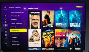 A TV showing the Tubi app with coming soon titles.